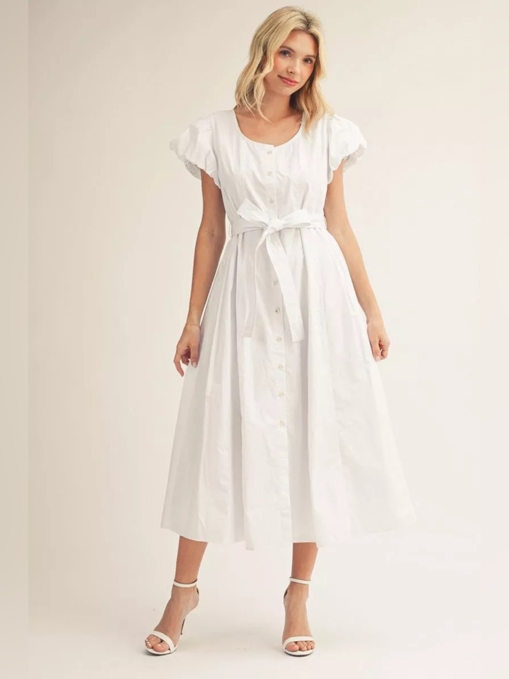 #293 New! Cotton White Button-Front Tie-Waist Midi Dress - Picture 2 of 4